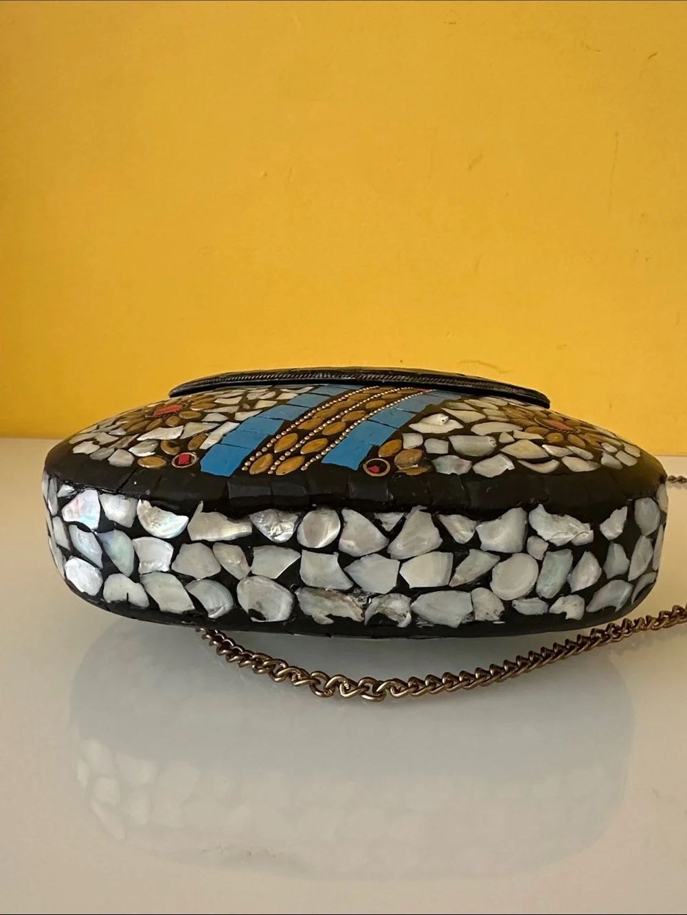 Handcrafted Moroccan Mosaic Flower Evening Boho Crossbody Bag in Blue and White
